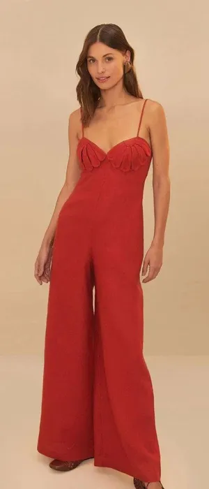 NWOT Farm Rio Red 3D Petals Bodice Euroflax Premium Linen Jumpsuit M Wide-Leg thumbnail 1