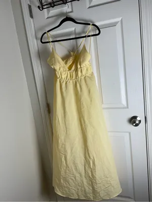 Zara Pastel Yellow Modal Blend Maxi Dress Open Tie Back Smocked Waist Medium thumbnail 2