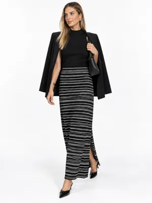 a.n.a Black White Striped Maxi Skirt Small Foldover Waist Stretch Knit Casual thumbnail 2