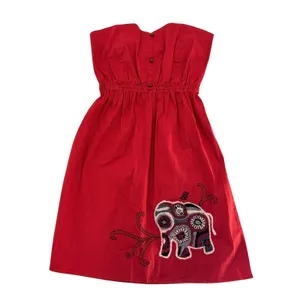 Judith March Strapless Dress Small Red Elephant Embroidery Boho Smocked Back‎ thumbnail 12