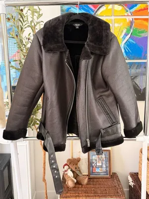 Simply Vera Wang Black Faux Leather & Faux Fur Bomber Aviator Jacket thumbnail 1