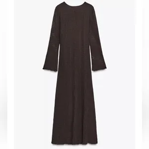 Zara NWT brown knit gold detail key hole front long sleeve midi maxi dress thumbnail 9