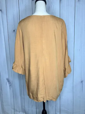 Andree by Unit V-Neck Babydoll Blouse Sz L Pleated Front Short Ruffle Sleeve Top thumbnail 7