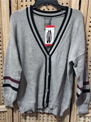 Matty M Gray Cardigan with Black and Burgundy Stripes thumbnail 1