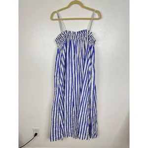 Madewell Blue White Striped Cotton Smocked Midi Dress Pockets NR102 Womens Large thumbnail 2