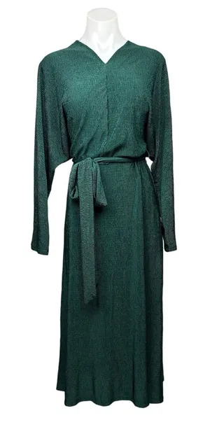 All in Favor Emerald Green V Neck Long Sleeve Crinkle Tie Waist Midi Dress Sz S thumbnail 1
