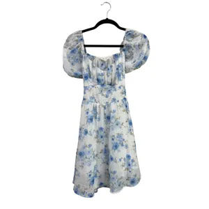 Blu Pepper Blue Floral Puff Sleeve Cutout Back Mini Dress Size Small thumbnail 3