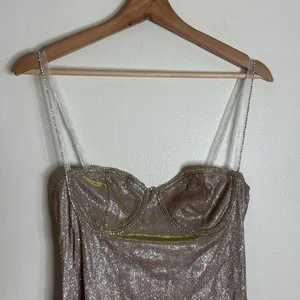 Elegant LOW-CUT GLITTER CAMI DRESS in apricot ladies size medium stretch cute thumbnail 3