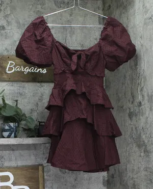 Crystal Doll Sweetheart-Neck Puffed Sleeve Fit Flare Dress Merlot Red 2XS thumbnail 1