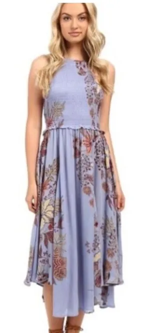 Free People Midi Dress Womens‎ Small Blue Floral Smocked Boho Summer thumbnail 1