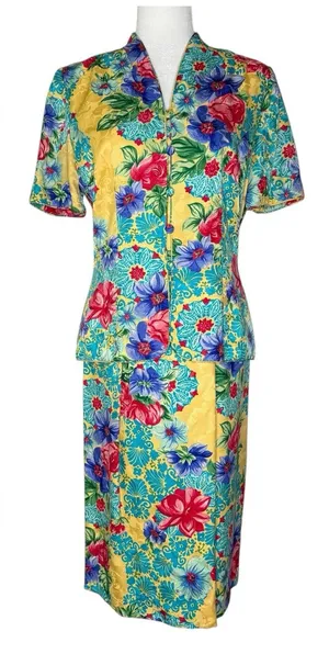 Adrianna Papell Size 6 Vintage Two Piece‎ Skirt Top Suit Set 100% Silk Floral thumbnail 1