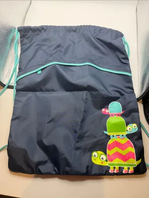 Thirty-one Cinch Bag Navy Blue With Turtle Graphic and Front Pocket thumbnail 2