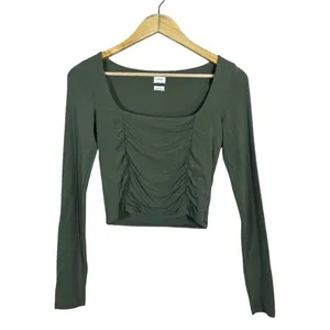 Wilfred Aritzia Ruched Front Solid Crop Top Green Minimalist Long Sleeve Size S thumbnail 2