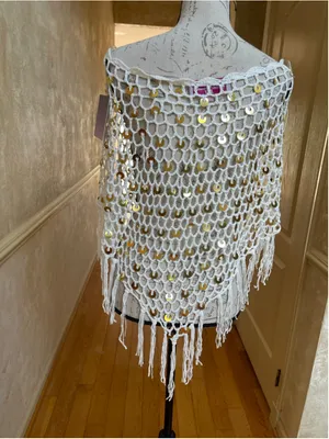 Fringe Sequin Crochet Fishnet Poncho by Velvet Vandal Natural White Sz L Boho thumbnail 6