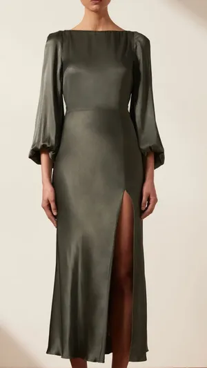 Shona Joy La Lune Balloon Sleeve Backless Midi Dress Slit Olive Green Size 4 thumbnail 1