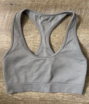ALO Yoga Ribbed Racerback Sports Bra In Gray Size Small thumbnail 1