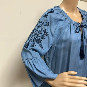 Crown & Ivy light denim embroidered top with drawstring collar, size L thumbnail 5