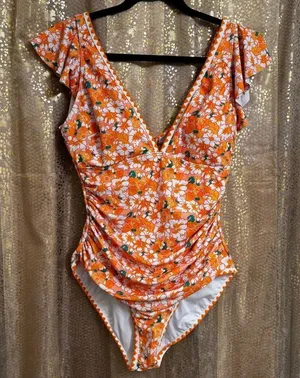 Aidonger‎ Orange Green Floral Ruched One Piece Swimsuit Large NWT thumbnail 1