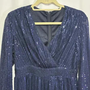 Navy Blue Sequin Wrap V-Neck Long Sleeve Lace Trim Cocktail Dress Evening Party thumbnail 5