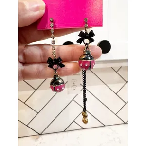 Betsey Johnson Ladybug Earrings crystal post stud black bows pink ladybug dangle thumbnail 3