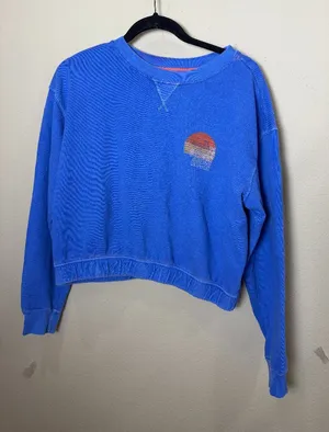 BILLABONG Faded Royal Blue Cropped Sweatshirt Scenic Route 73 Sunset Size Small thumbnail 1