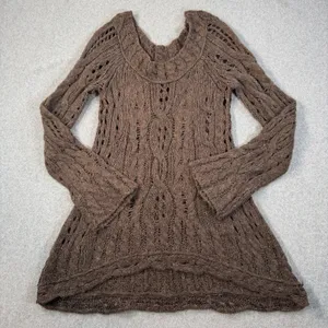 Free People Open Knit Off Shoulder Tunic Sweater Women's Large Brown Long Sleeve thumbnail 1