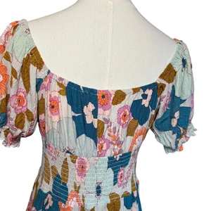Angie Floral Smocked Boho Mini Dress Medium Cottage Indie Retro Rayon Festival thumbnail 15