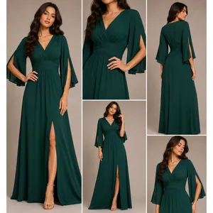 KOH KOH Emerald Green Split‎ Bell Sleeve V-Neck Maxi Dress NT408 Womens XS NWT thumbnail 2
