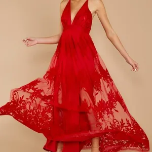 Applique Plunge Maxi Dress floral mesh slits womens Red (medium) formal party thumbnail 1