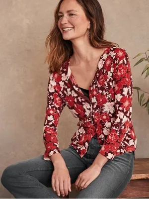 Garnet Hill Red Floral Button-Down Cardigan 100% Merino Wool Blouse Size Medium‎ thumbnail 1