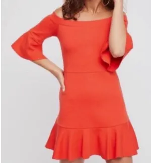 Free People Women’s Orange Off Shoulder Dress Bell‎ Sleeve Small Festival Boho thumbnail 1