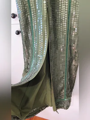 ASOS Olive Green Sequin Maxi Dress Deep V Front Slit Glam Evening Gown US 6 thumbnail 7