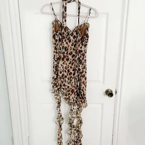 Waew Y2K Neutral Brown Ruffle Leopard Print Spaghetti Strap Asymmetrical Dress thumbnail 7