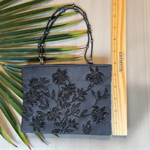 BEBE Black Beaded Evening Purse – Floral Shoulder Bag thumbnail 7