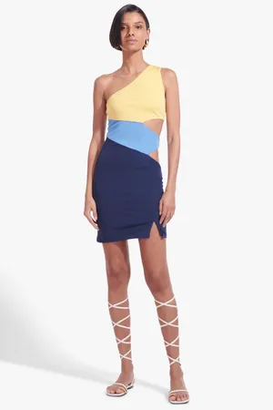 Staud Letta asymmetric jersey mini dress in cool ocean multi size XS extra small thumbnail 8