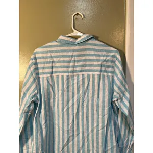 Gap Womens Sz Medium Linen Blend Easy Shirt Button Down Teal White Stripe Pocket thumbnail 9
