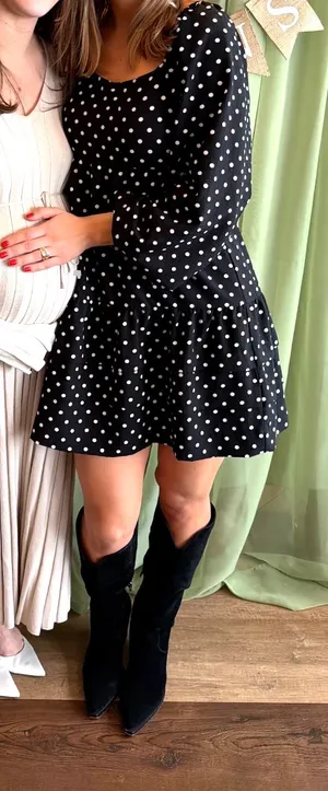 Polka Dot Mini Dress Long Sleeve Black thumbnail 1