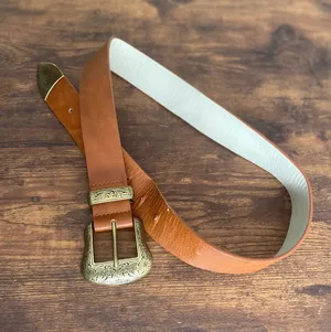 Women's Tan Leather Belt with Ornate Brass Buckle thumbnail 1
