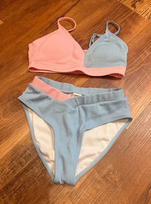 Ribbed Bikini Set - Pink & Light Blue thumbnail 1