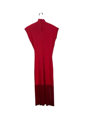 Vintage Fringe Asymmetric Midi Dress Mock Neck Wrap Gathered cocktail dress thumbnail 5