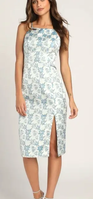 NWT Lulus Versailles Vibes Blue Jacquard Open Back Metallic Midi‎ Dress LARGE thumbnail 1