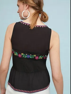 Anthropologie Maeve Carlotta Embroidered Sleeveless Blouse Black‎ Floral Size S thumbnail 2