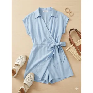 Lilyful Blue Solid Wrap V-Neck Tie Waist Lined Cap Sleeve Romper S Rayon thumbnail 2