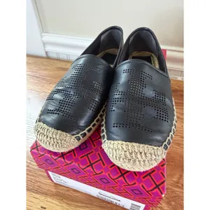 Tory Burch Black Perforated Logo Nappa Leather Espadrille Flats Size 6.5 thumbnail 11