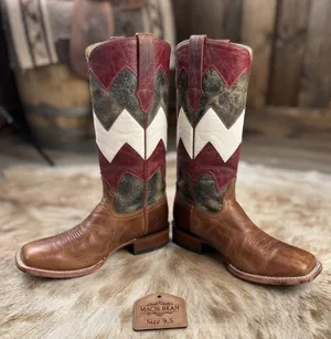 $299 Macie Bean Red White & Brown Leather Western Square Toe Cowgirl Boots 9.5 thumbnail 1