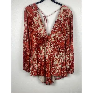 Free People Red Cream Floral V-Neck Long Balloon Sleeve Romper S Rayon thumbnail 5