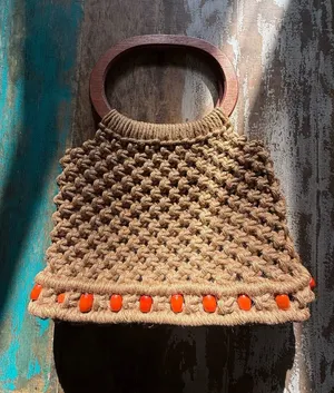 Handwoven Macramé Bag with Wooden Handles in Tan and Orange thumbnail 1