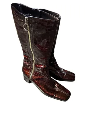 Aquatalia Croc Embossed Patent Leather Square Toe Mid Calf Boots thumbnail 1