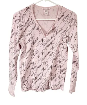 Victorias Secret Black Cursive Writing Size Small‎ Pink Pajama Top thumbnail 1