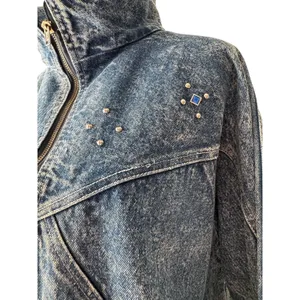 Vintage ‘80s Medium Wash Studded High Collar Full Zip Denim Jacket w/ Pockets thumbnail 4